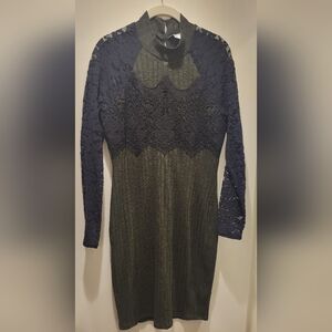 Venus Olive Green Ribbed Dress With Black Lace